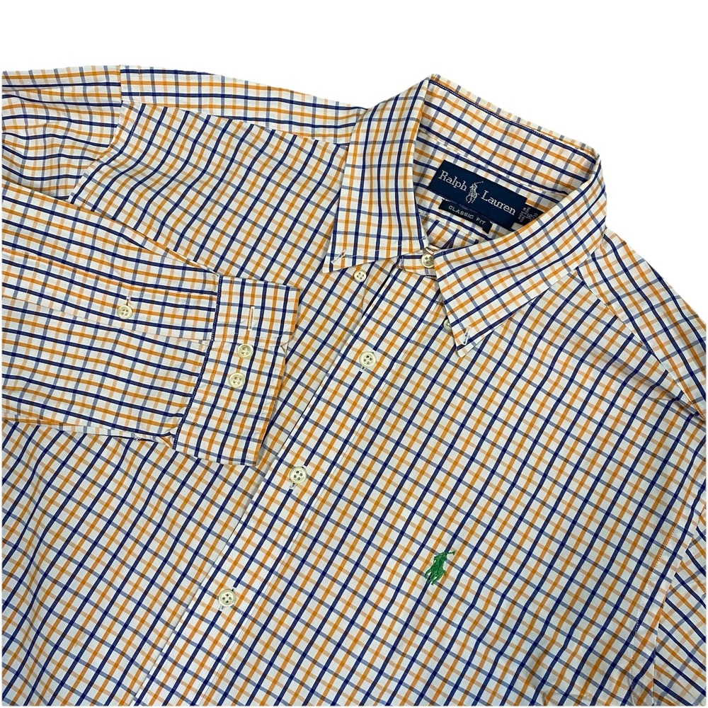 Ralph Lauren Shirt Mens‎ 16-32/33 White w/Blue-Orange Checks Classic Fit